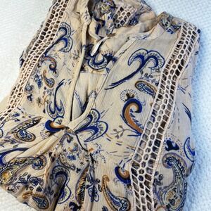 Free People Paisley‎ Print Crochet Trim Long Sleeve Tunic Top Boho Small